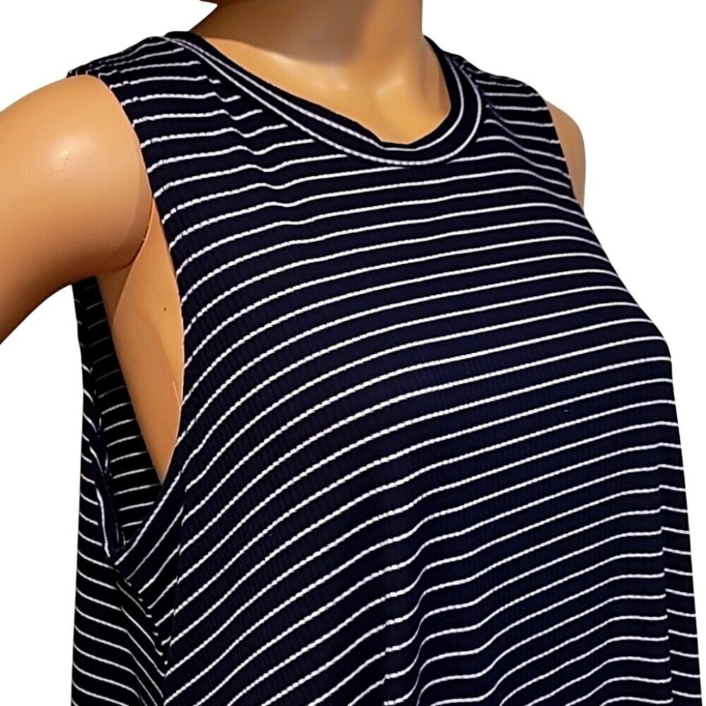 See You Monday Navy Blue & White Striped Sleeveless Trapeze Swing Dress - Picture 6 of 11
